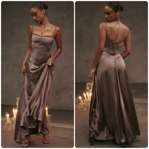 House of CB Dresses & Skirts - NWT House of CB Womens Anabella Smoke Pebble Grey Satin Corset Maxi Dress Size M